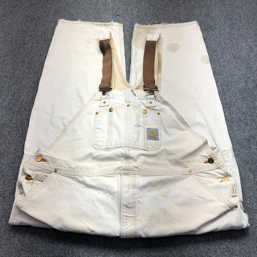 Carhartt Mens Double Knee Bib Overalls White Duck Canvas Distressed 44x25